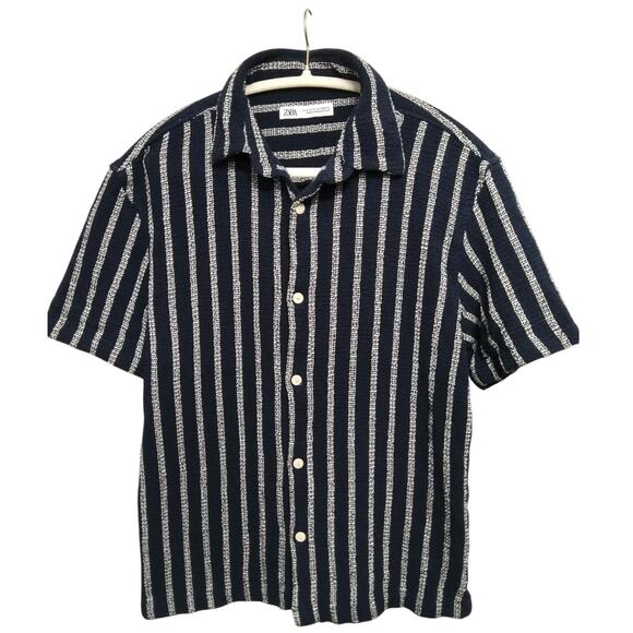 Zara woven Navy/white seersucker top button up  breathable resort vacay mens Med - Picture 1 of 6